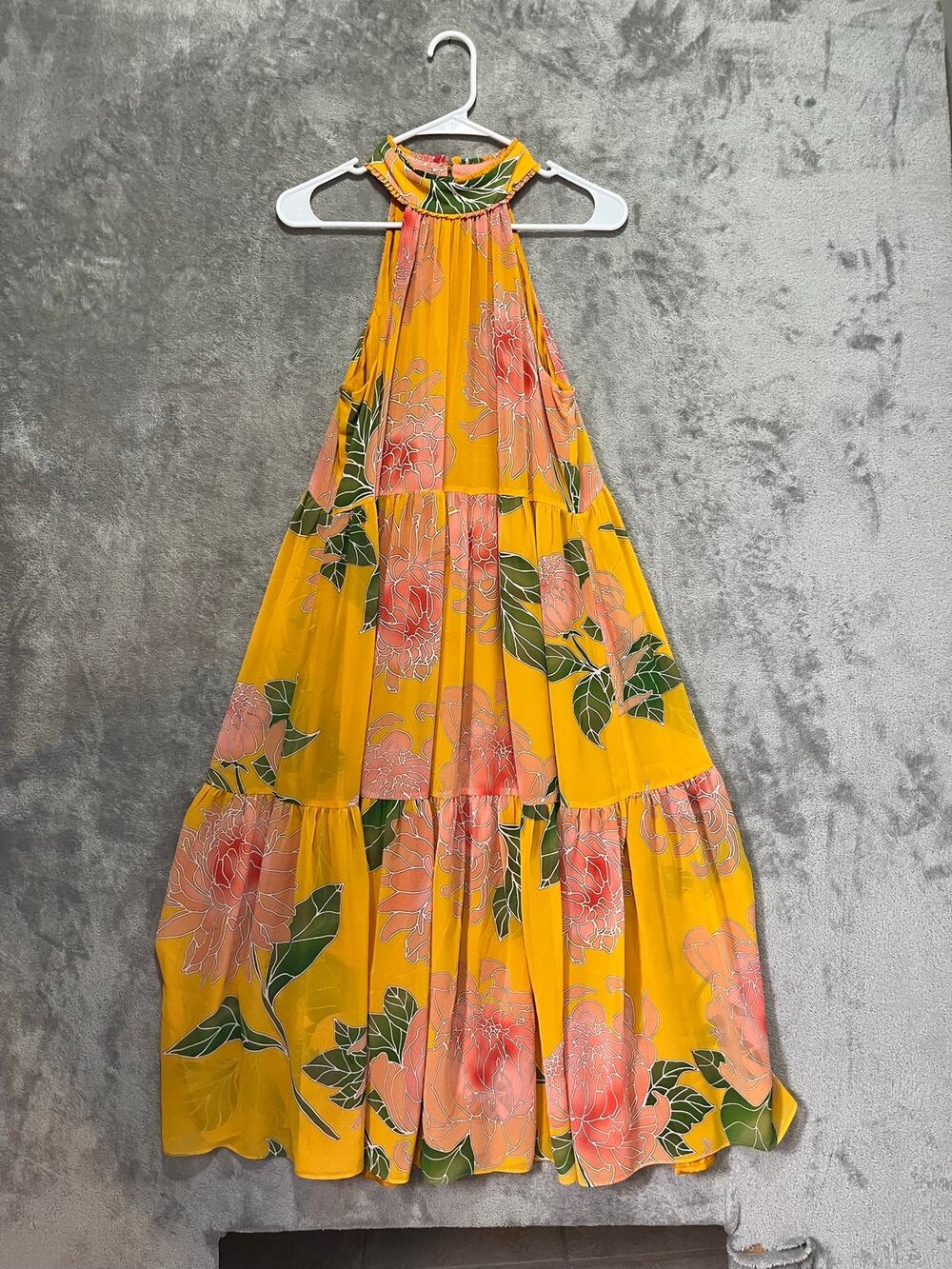 Trina Turk Yellow Floral Halter Maxi Dress Tiered Resort Boho Women’s Medium